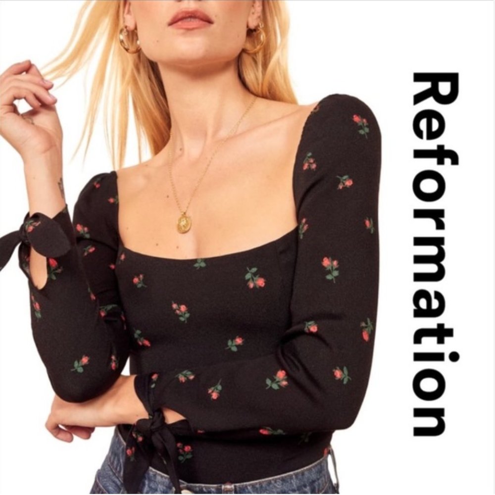 Reformation black rose print Kemmy Smocked Square Neckline long sleeve Top